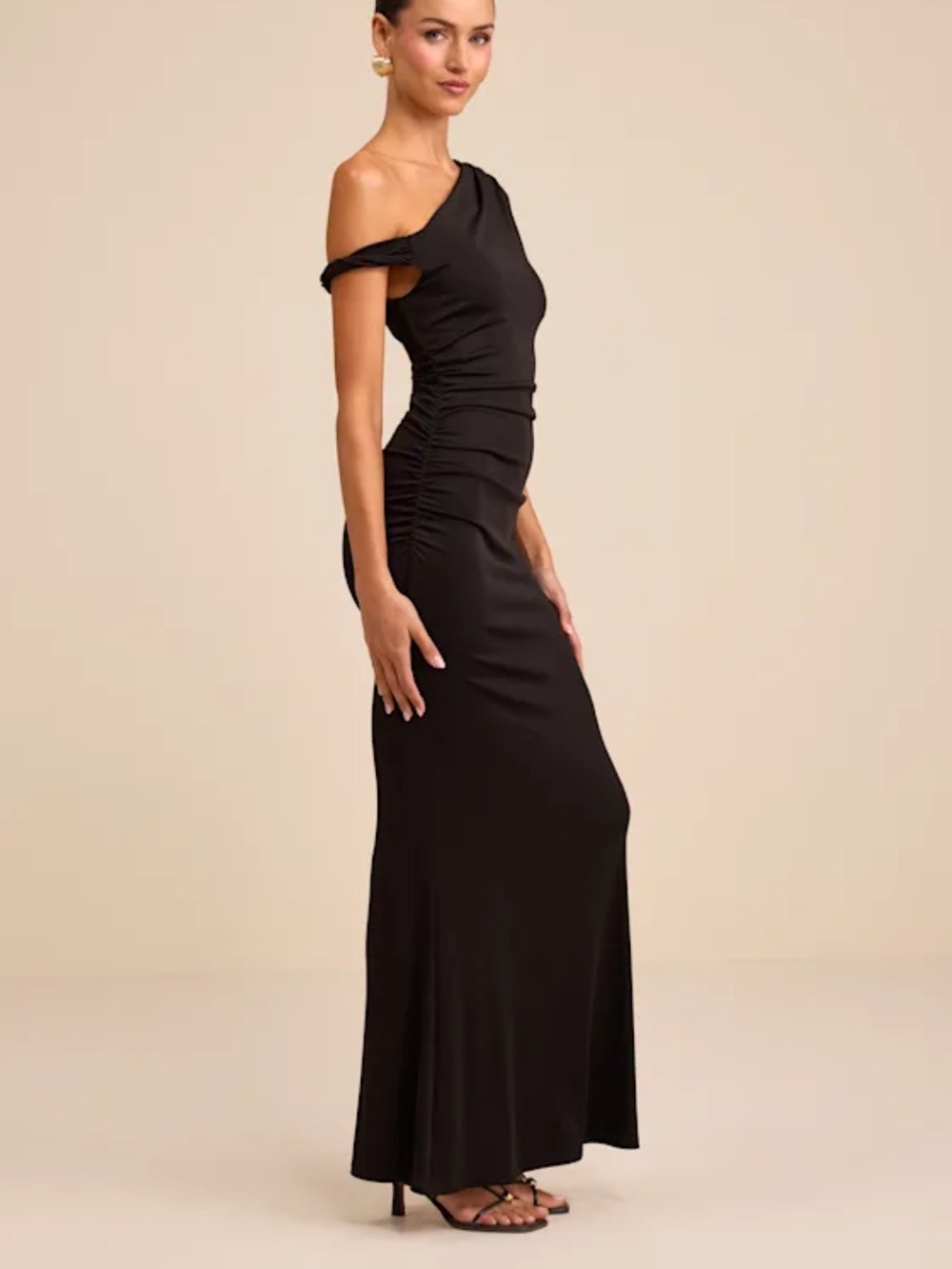 Lulus Oriella Asymmetrical Ruched Mermaid Maxi Dress NWT Size Small Black